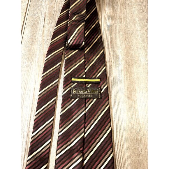 Roberto Villini Collezione Striped Silk Mens Tie Black Burgundy White Stripe Des - Picture 2 of 10